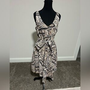 J. Crew Cecelia Paisley V Neck Brown White Tie Waist Knee Length Dress Size 10